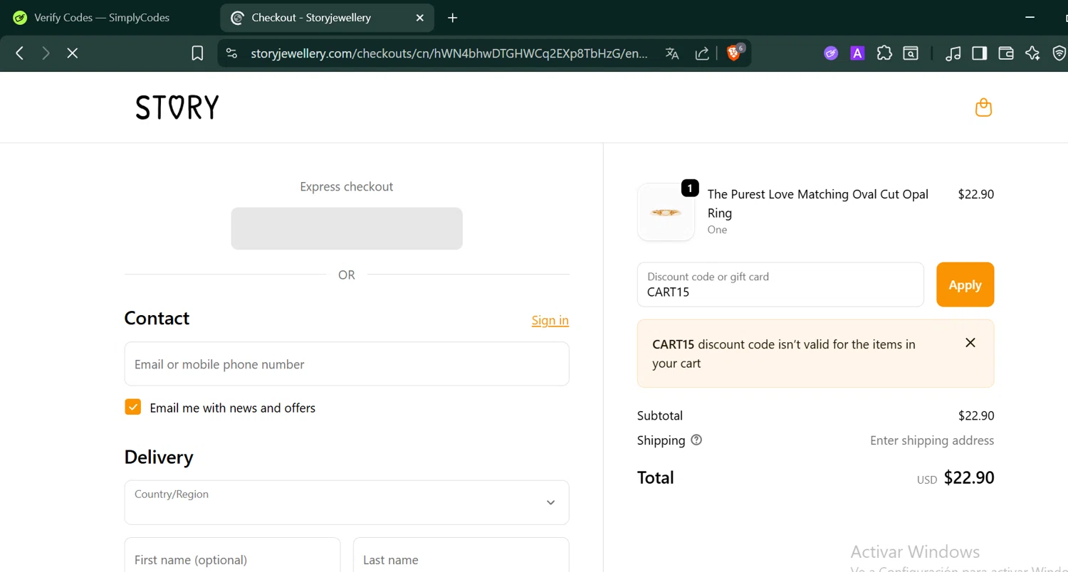Story Jewellery discount code screenshot showing code CART15 applied at Story Jewellery checkout page. Uploaded by SimplyCodes community member PennyCaptain4684 on Oct 27, 2025