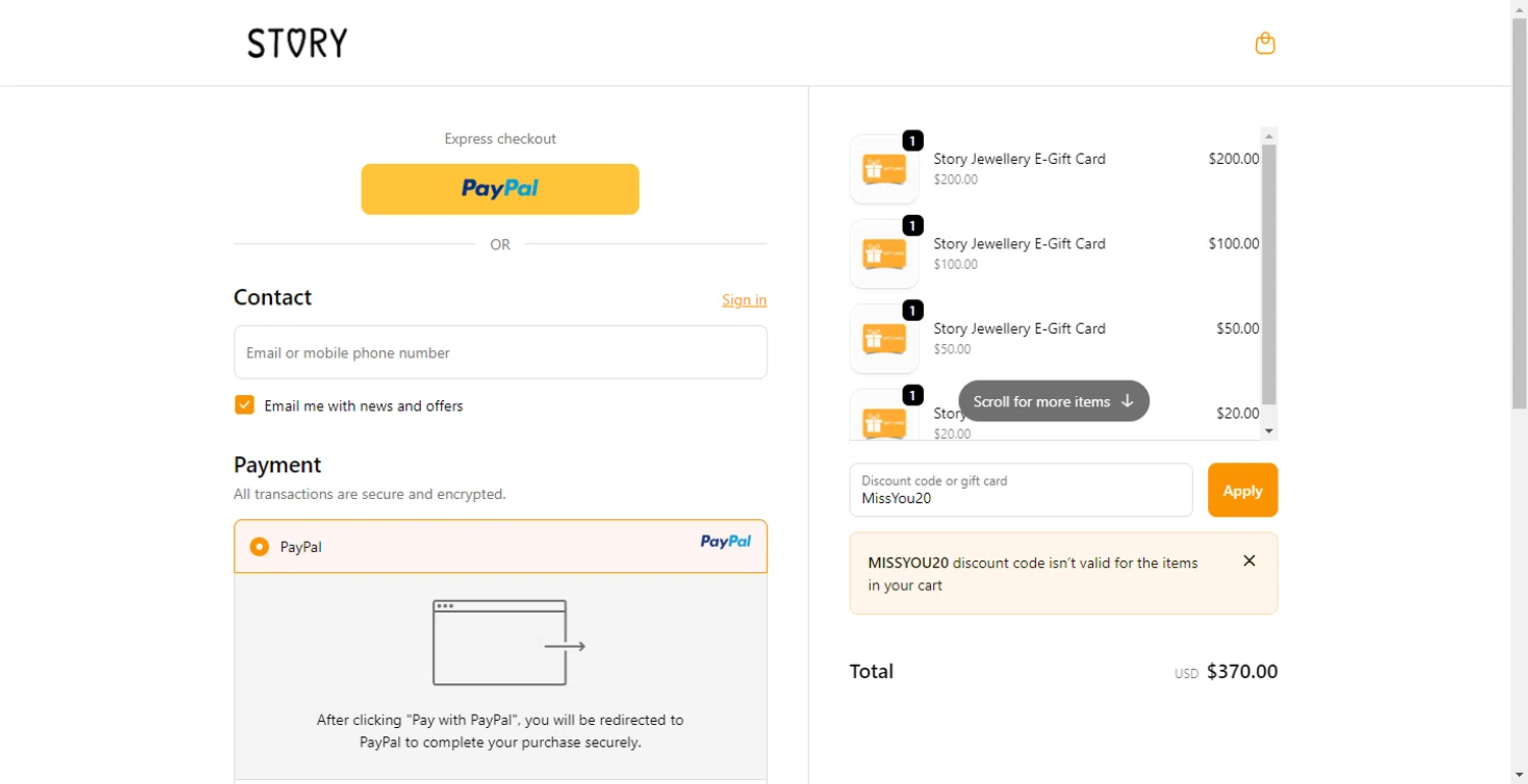 Story Jewellery discount code screenshot showing code MissYou20 applied at Story Jewellery checkout page. Uploaded by SimplyCodes community member BonusFox1297 on Oct 15, 2025