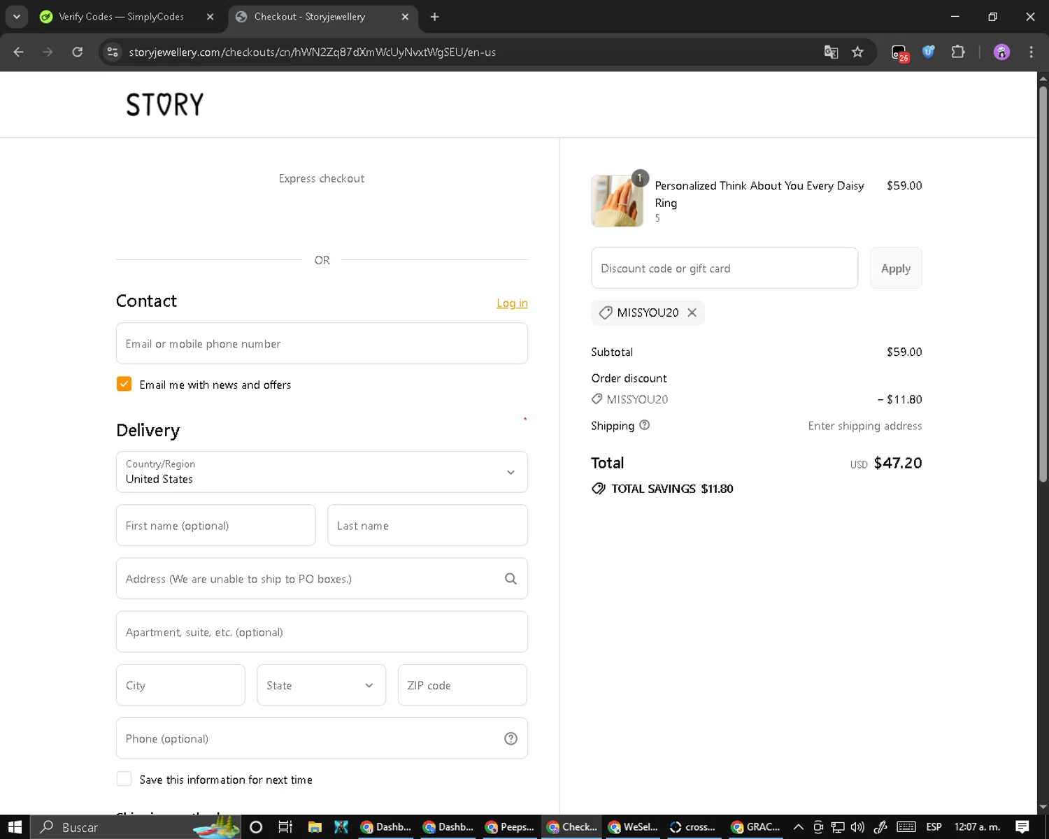 Story Jewellery discount code screenshot showing code MissYou20 applied at Story Jewellery checkout page. Uploaded by SimplyCodes community member PromoScout8746 on Sep 4, 2025