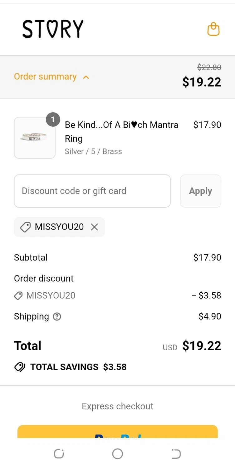 Story Jewellery discount code screenshot showing code MissYou20 applied at Story Jewellery checkout page. Uploaded by SimplyCodes community member aguirremariagabriela on Aug 17, 2025