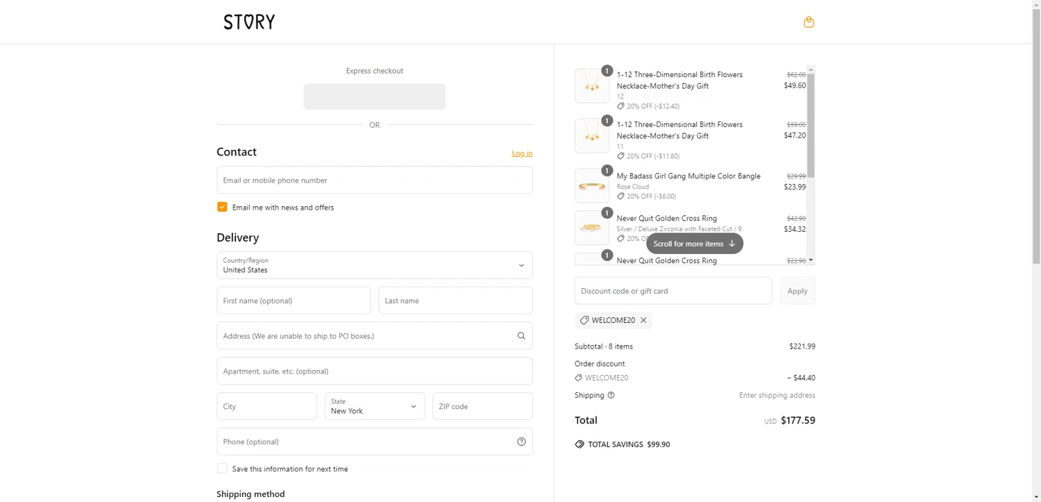 Story Jewellery discount code screenshot showing code welcome20 applied at Story Jewellery checkout page. Uploaded by SimplyCodes community member EpicEagle816 on Jun 8, 2025