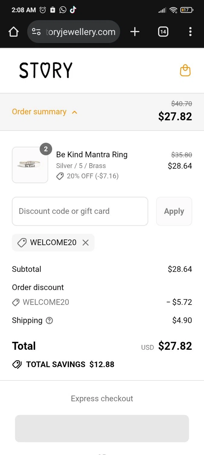 Story Jewellery discount code screenshot showing code welcome20 applied at Story Jewellery checkout page. Uploaded by SimplyCodes community member PromoMaven605 on Sep 4, 2025