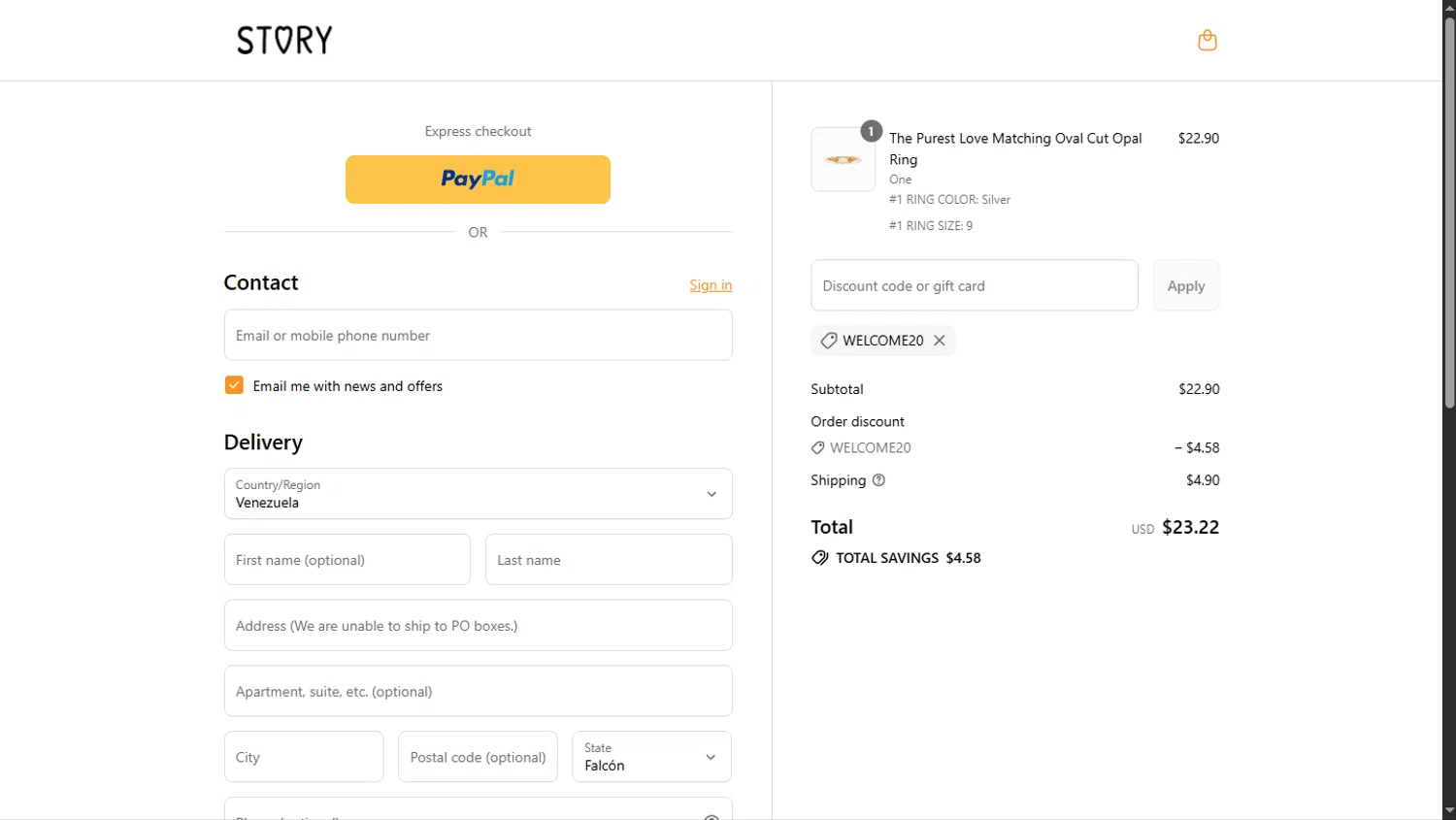 Story Jewellery discount code screenshot showing code welcome20 applied at Story Jewellery checkout page. Uploaded by SimplyCodes community member TokioMiller on Sep 12, 2025