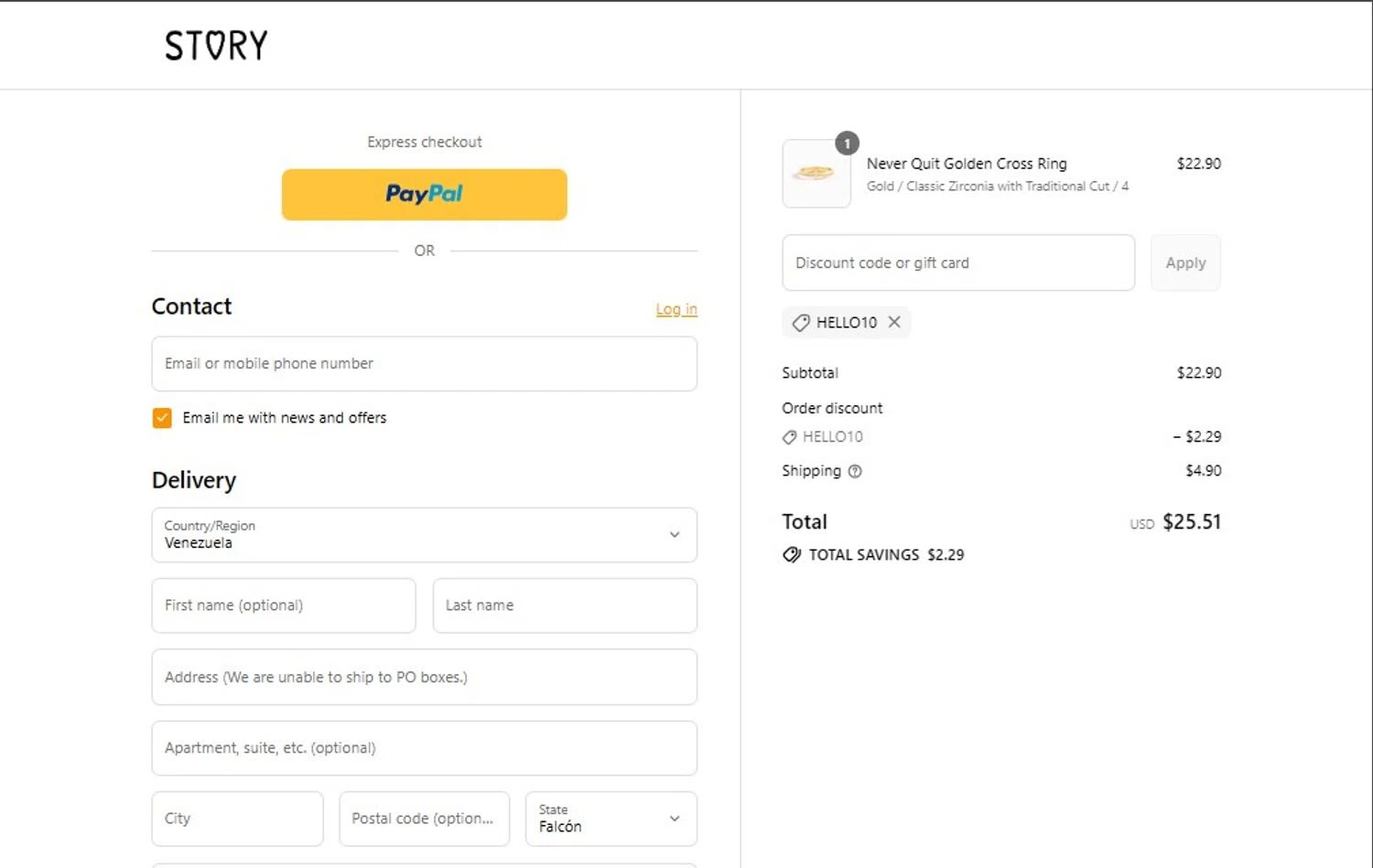 Story Jewellery discount code screenshot showing code Hello10 applied at Story Jewellery checkout page. Uploaded by SimplyCodes community member TOTONEROFL on Jul 27, 2025