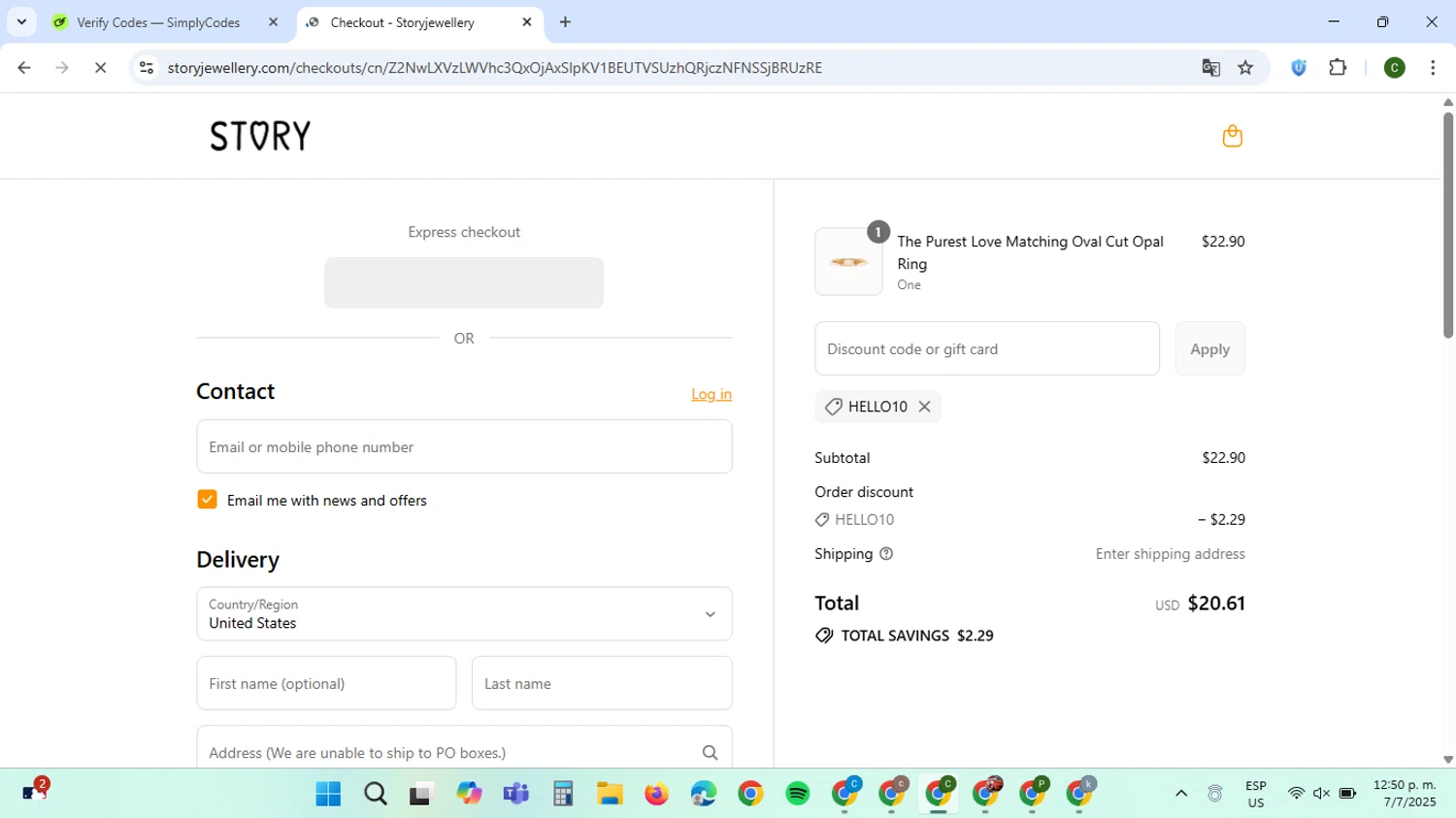 Story Jewellery discount code screenshot showing code Hello10 applied at Story Jewellery checkout page. Uploaded by SimplyCodes community member VoucherBoss6971 on Jul 7, 2025