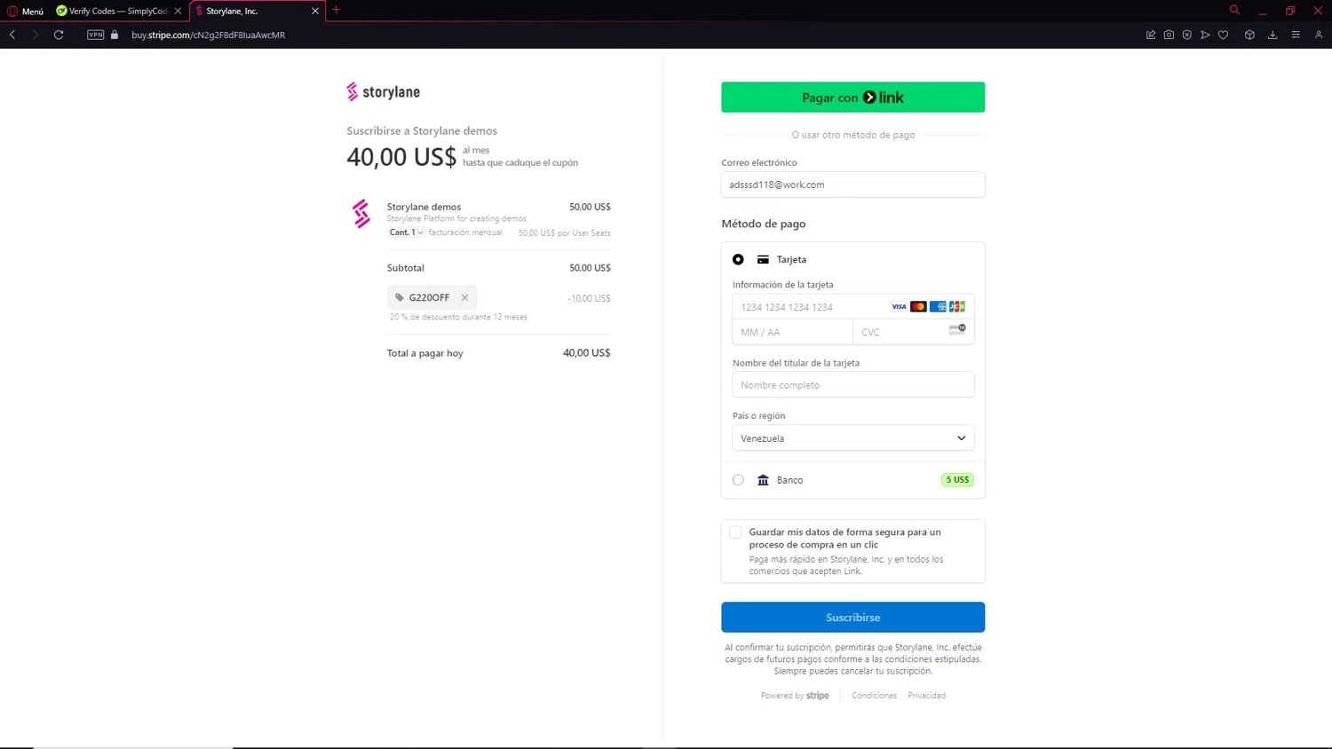 Storylane promo code screenshot showing code G220OFF applied at Storylane checkout page. Uploaded by SimplyCodes community member LegendarySeeker3956 on Apr 14, 2025