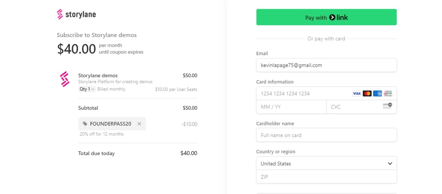 Storylane checkout page showing Storylane promo code box | Screenshot taken by SimplyCodes community member on Oct 5, 2024