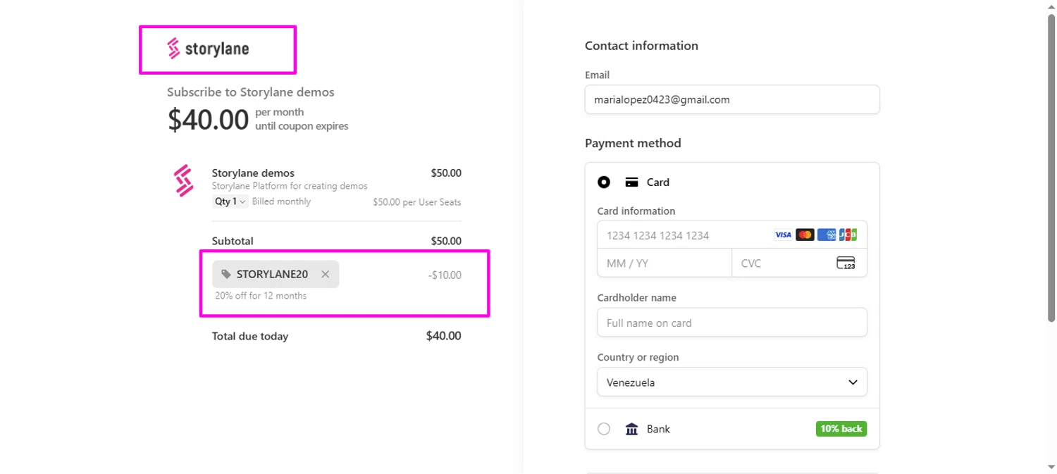 Storylane promo code screenshot showing code STORYLANE20 applied at Storylane checkout page. Uploaded by SimplyCodes community member mrdarcy on Aug 22, 2025
