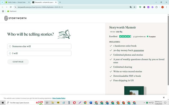 Story Worth checkout page showing Story Worth coupon code box | Screenshot taken by SimplyCodes community member on Jun 13, 2025