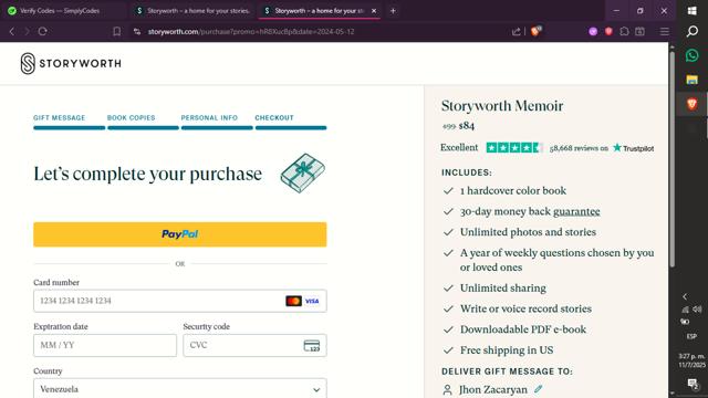 Story Worth checkout page showing Story Worth coupon code box | Screenshot taken by SimplyCodes community member on Jul 11, 2025