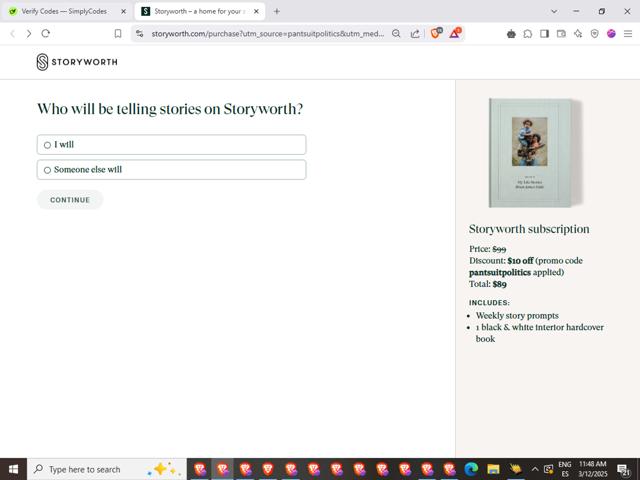 Story Worth checkout page showing Story Worth coupon code box | Screenshot taken by SimplyCodes community member on Mar 12, 2025
