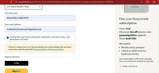 Story Worth checkout page showing Story Worth coupon code box | Screenshot taken by SimplyCodes community member on Feb 1, 2025