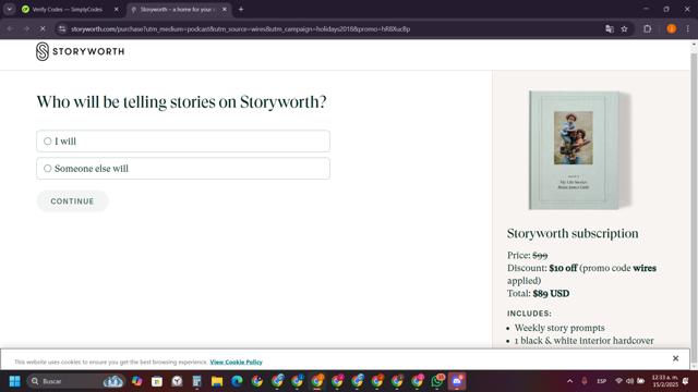 Story Worth checkout page showing Story Worth coupon code box | Screenshot taken by SimplyCodes community member on Feb 15, 2025