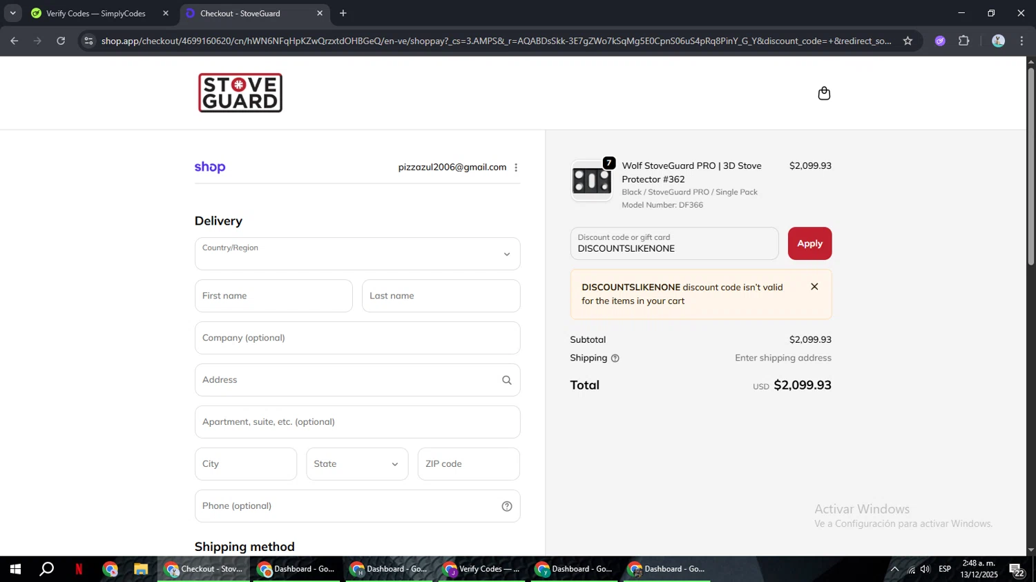 Stoveguard discount code screenshot showing code DISCOUNTSLIKENONE applied at Stoveguard checkout page. Uploaded by SimplyCodes community member ShrewdSeeker6165 on Dec 13, 2025
