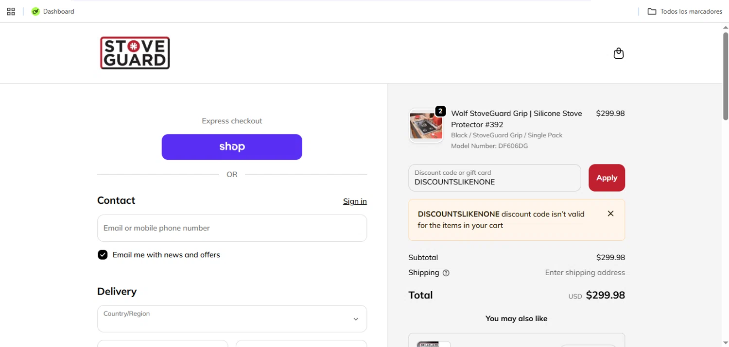 Stoveguard discount code screenshot showing code DISCOUNTSLIKENONE applied at Stoveguard checkout page. Uploaded by SimplyCodes community member Speedy on Nov 20, 2025