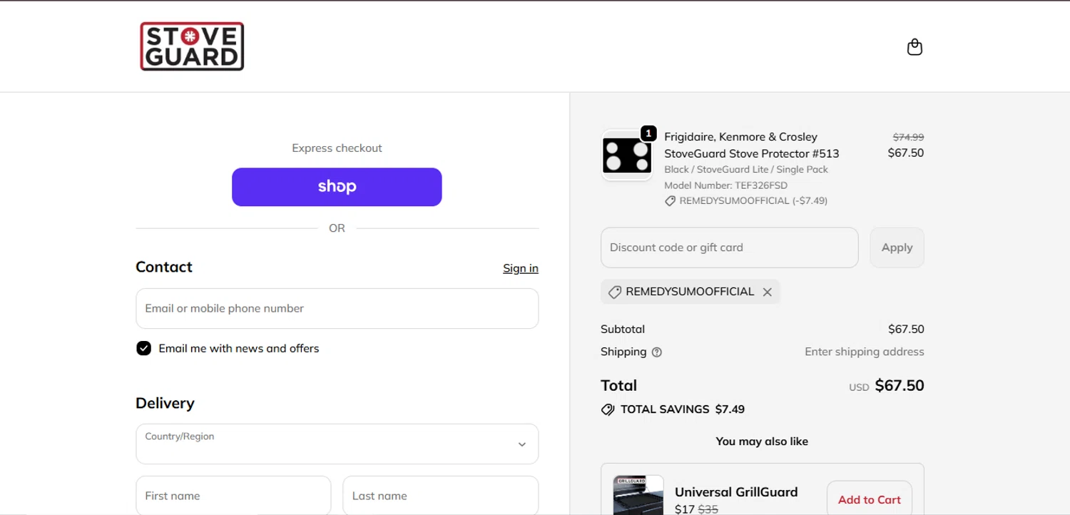 Stoveguard discount code screenshot showing code REMEDYSUMOOFFICIAL applied at Stoveguard checkout page. Uploaded by SimplyCodes community member juanisaac on Nov 20, 2025