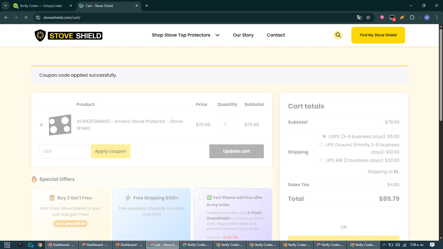 Stove Shield checkout page showing Stove Shield coupon code box | Screenshot taken by SimplyCodes community member on Jan 25, 2026