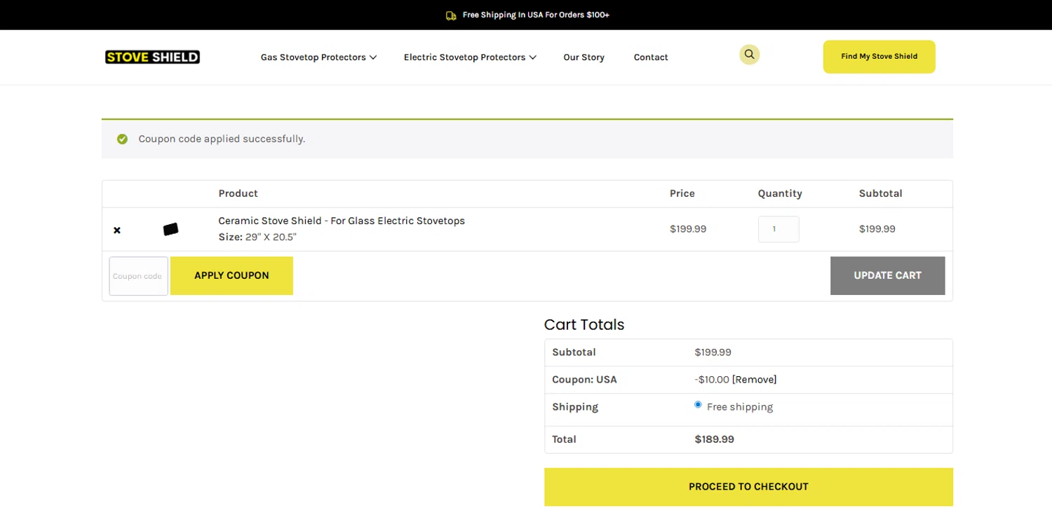 Stove Shield coupon code screenshot showing code USA applied at Stove Shield checkout page. Uploaded by SimplyCodes community member OnlywM on Jul 6, 2025