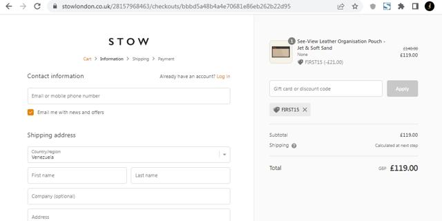 STOW checkout page showing STOW promo code box | Screenshot taken by SimplyCodes community member on Aug 1, 2022