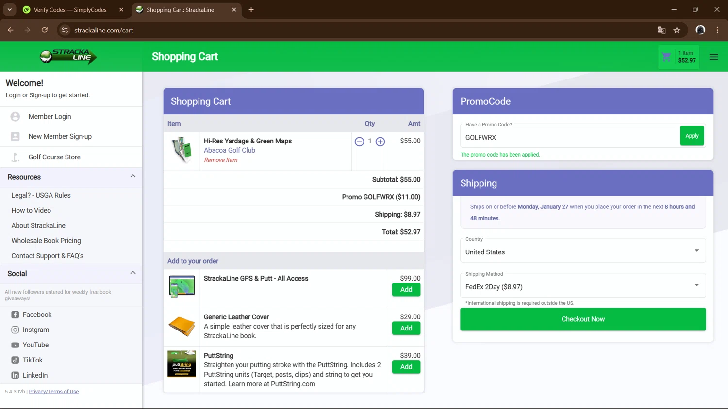 StrackaLine promo code screenshot showing code GOLFWRX applied at StrackaLine checkout page. Uploaded by SimplyCodes community member Lulalula on Jan 26, 2025