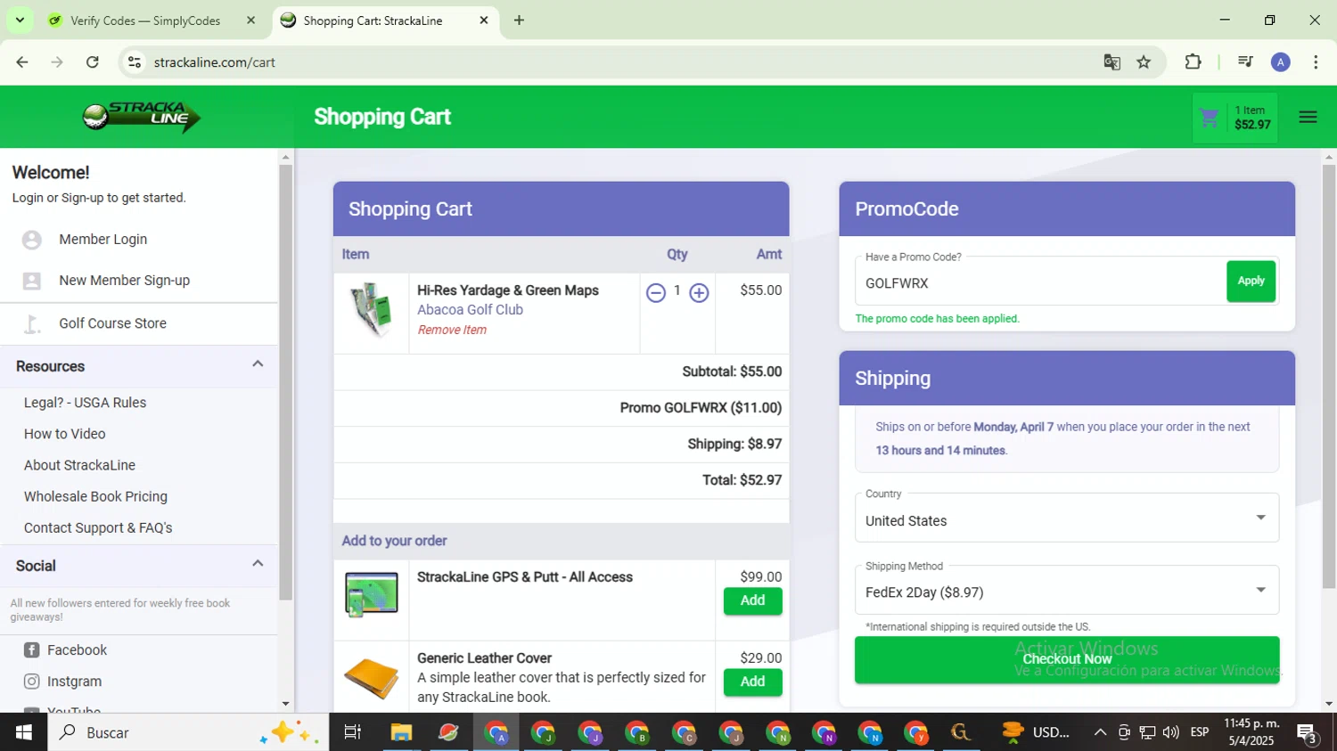 StrackaLine promo code screenshot showing code GOLFWRX applied at StrackaLine checkout page. Uploaded by SimplyCodes community member TreasureCaptain5531 on Apr 6, 2025