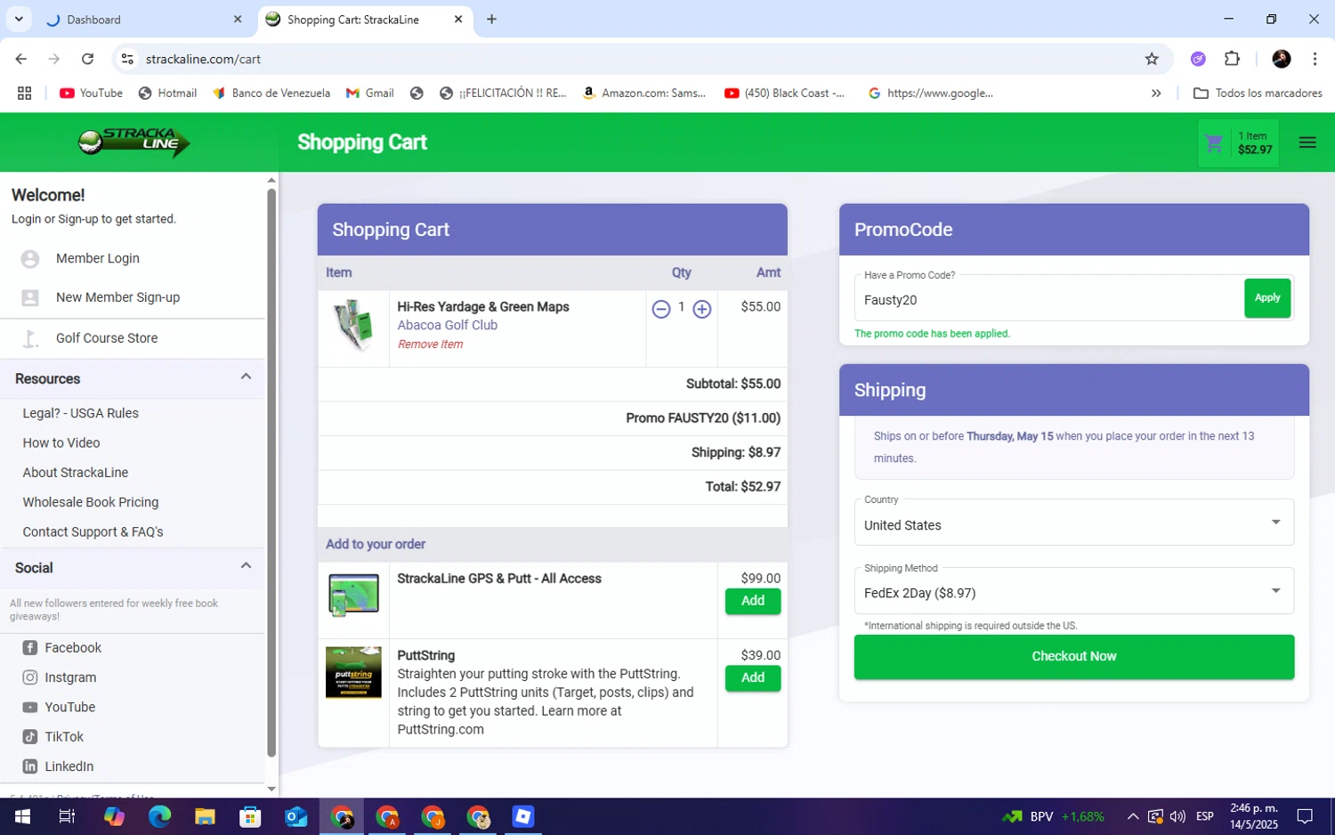 StrackaLine promo code screenshot showing code Fausty20 applied at StrackaLine checkout page. Uploaded by SimplyCodes community member TheCreature on May 14, 2025