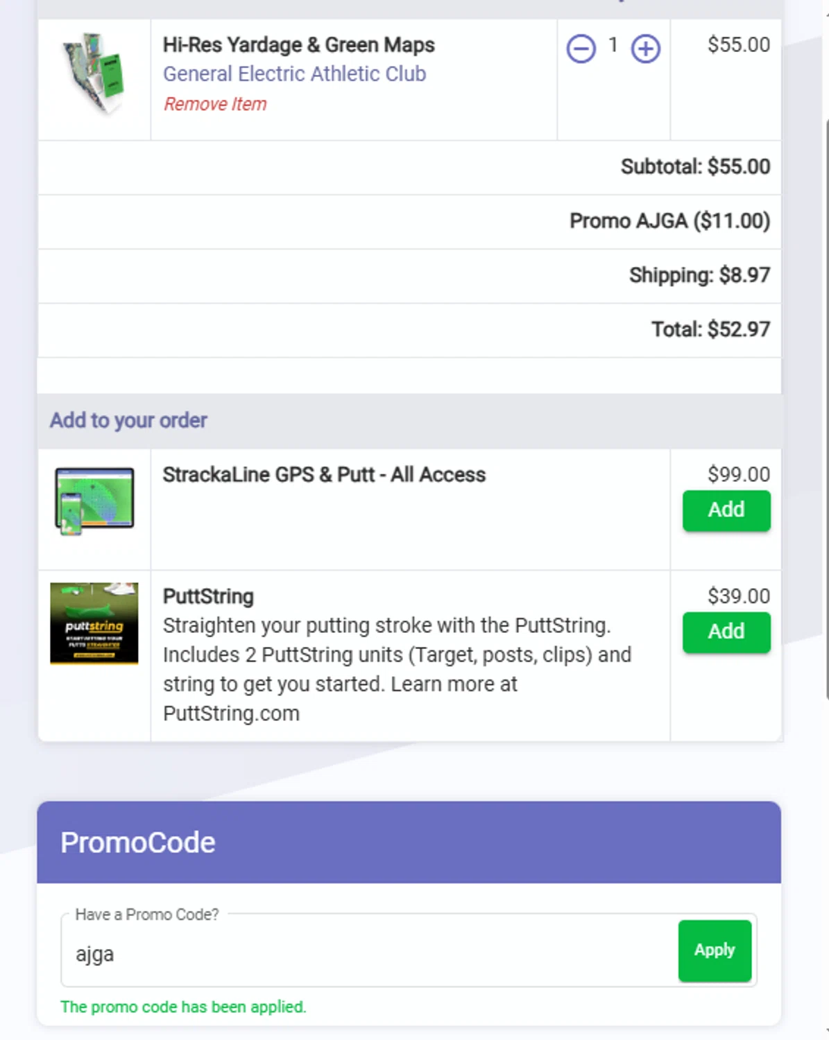 StrackaLine promo code screenshot showing code ajga applied at StrackaLine checkout page. Uploaded by SimplyCodes community member CrownSleuth7125 on May 14, 2025