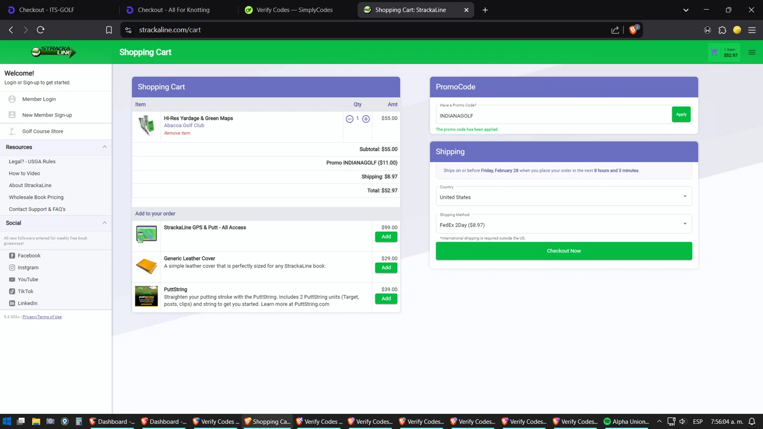 StrackaLine promo code screenshot showing code INDIANAGOLF applied at StrackaLine checkout page. Uploaded by SimplyCodes community member ZoilaPerrita on Feb 27, 2025