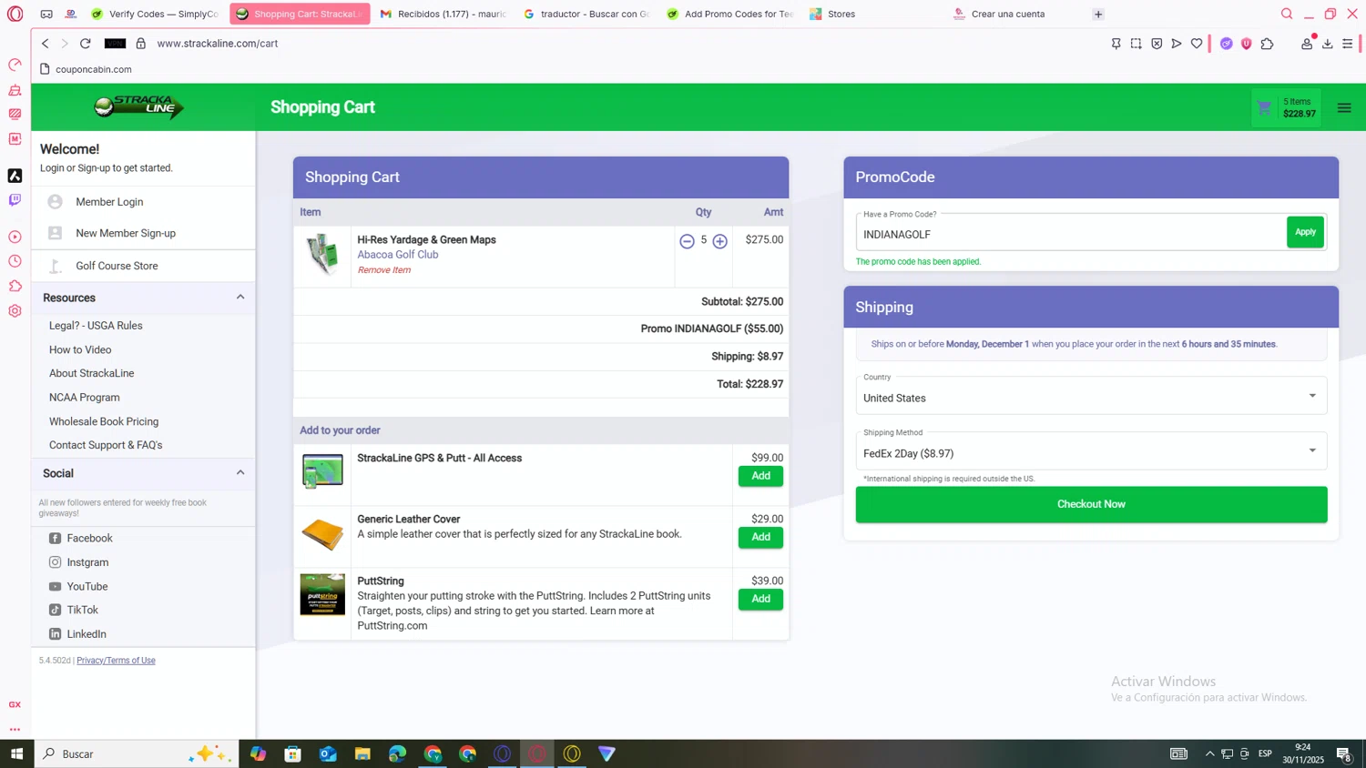StrackaLine promo code screenshot showing code INDIANAGOLF applied at StrackaLine checkout page. Uploaded by SimplyCodes community member yanetrod on Nov 30, 2025