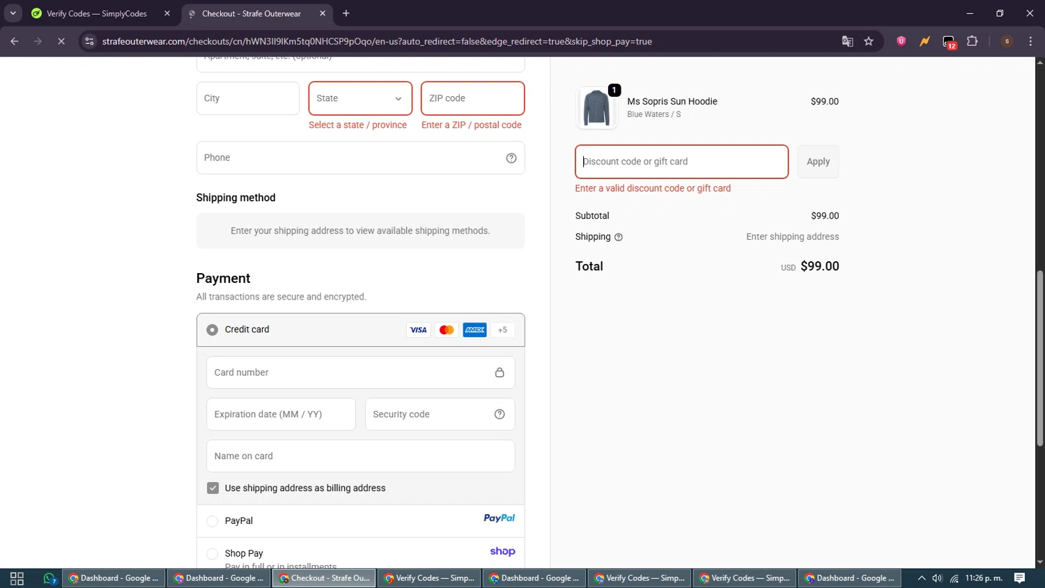 Strafe Outerwear coupon code screenshot showing code MTNS15 applied at Strafe Outerwear checkout page. Uploaded by SimplyCodes community member GoldSentinel1426 on Sep 23, 2025