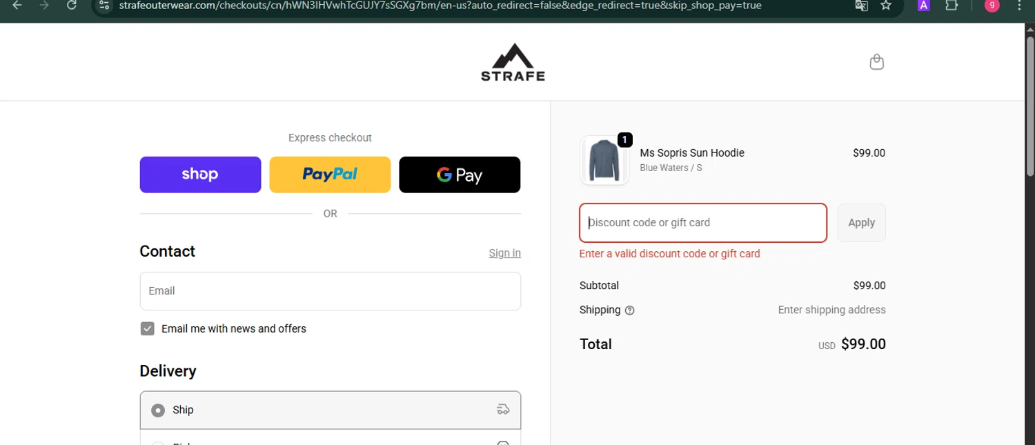 Strafe Outerwear coupon code screenshot showing code MTNS15 applied at Strafe Outerwear checkout page. Uploaded by SimplyCodes community member MoneyFalcon481 on Sep 23, 2025