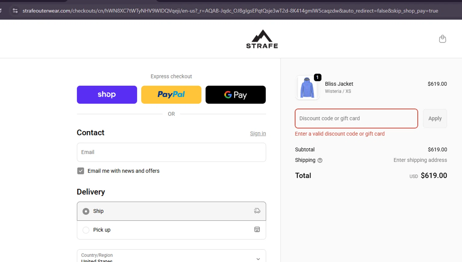 Strafe Outerwear coupon code screenshot showing code MTNS15 applied at Strafe Outerwear checkout page. Uploaded by SimplyCodes community member Samu10 on Feb 8, 2026