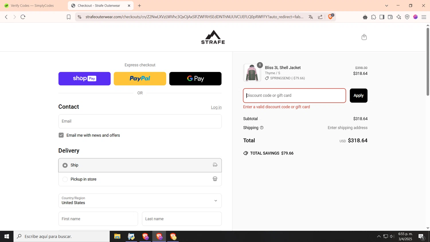 Strafe Outerwear coupon code screenshot showing code SPRINGSEND applied at Strafe Outerwear checkout page. Uploaded by SimplyCodes community member AnthonyGTX on Apr 3, 2025