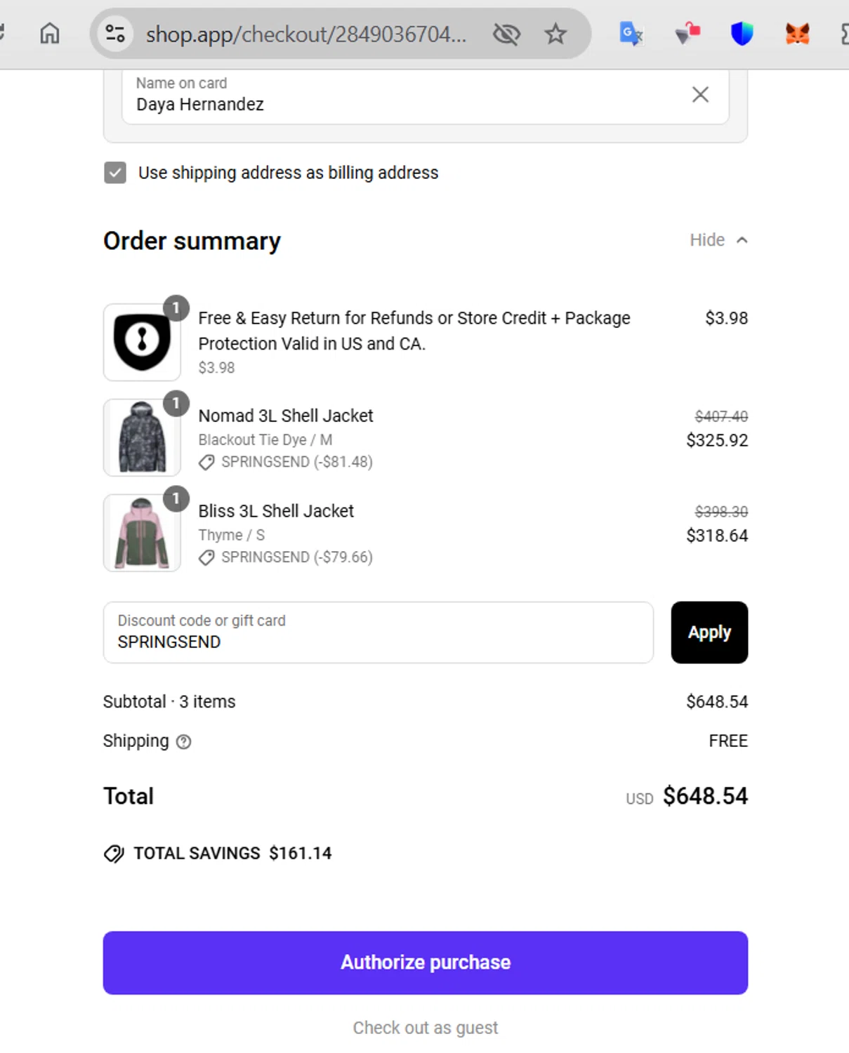 Strafe Outerwear coupon code screenshot showing code SPRINGSEND applied at Strafe Outerwear checkout page. Uploaded by SimplyCodes community member LaCalix3000 on Apr 3, 2025