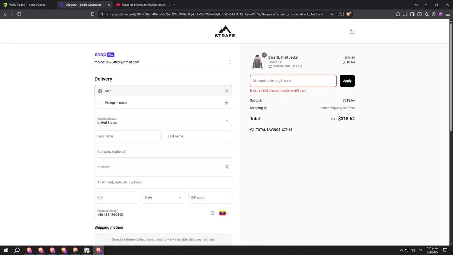 Strafe Outerwear coupon code screenshot showing code SPRINGSEND applied at Strafe Outerwear checkout page. Uploaded by SimplyCodes community member fffffffffffffffffff on Apr 3, 2025