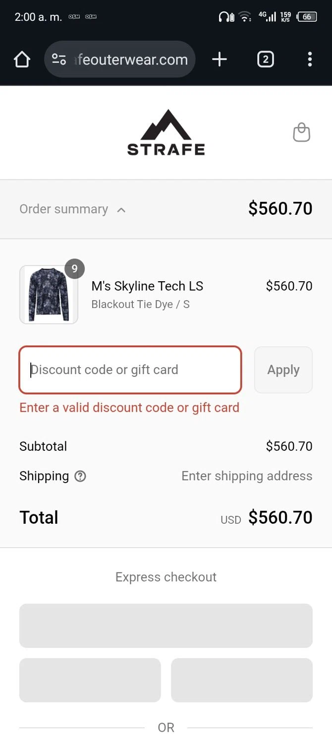 Strafe Outerwear coupon code screenshot showing code EXTRA10 applied at Strafe Outerwear checkout page. Uploaded by SimplyCodes community member Rafita on Sep 6, 2025