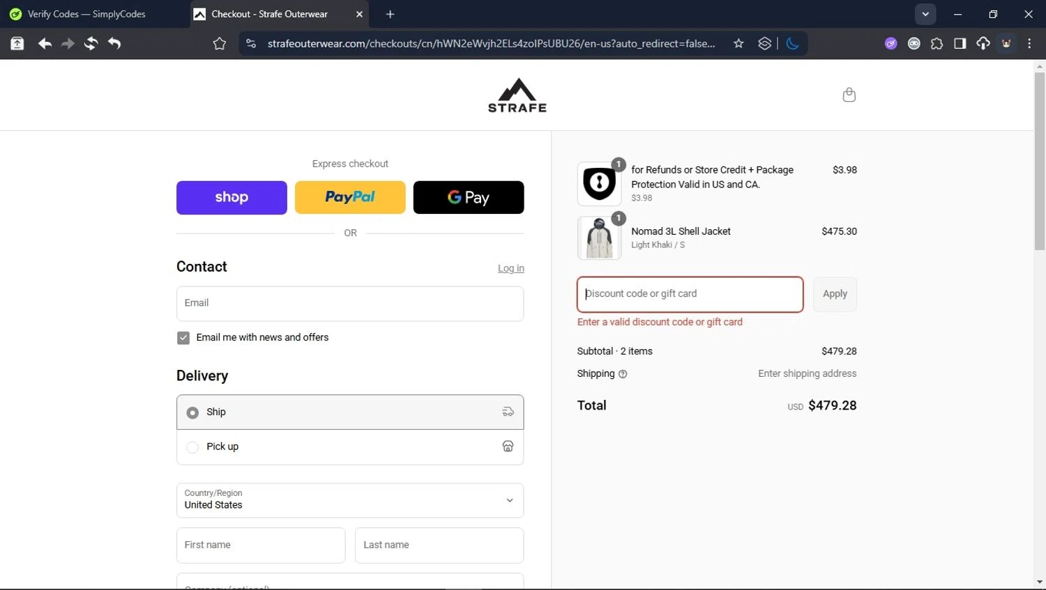 Strafe Outerwear coupon code screenshot showing code EXTRA10 applied at Strafe Outerwear checkout page. Uploaded by SimplyCodes community member User_Randon1 on Sep 6, 2025