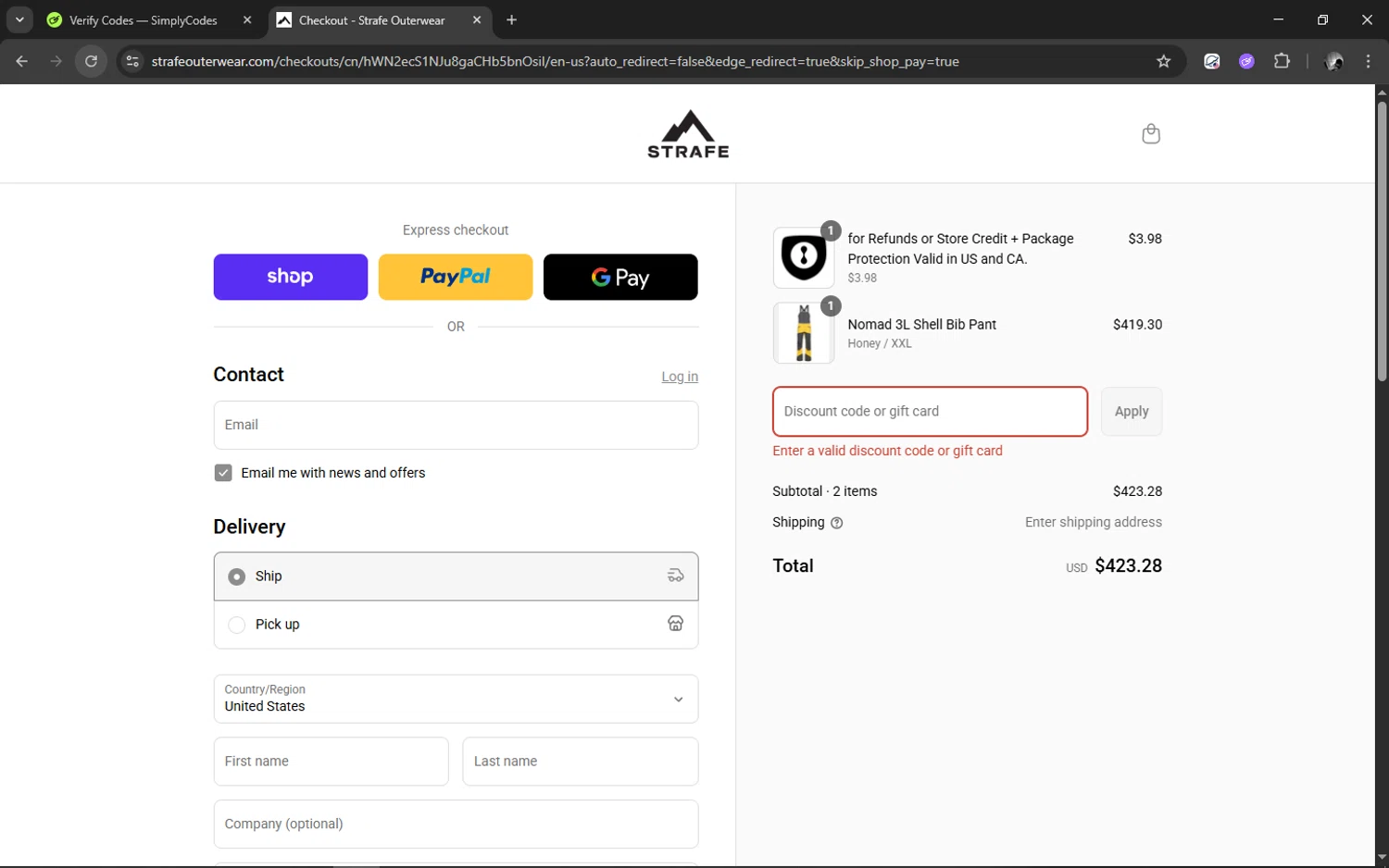 Strafe Outerwear coupon code screenshot showing code EXTRA10 applied at Strafe Outerwear checkout page. Uploaded by SimplyCodes community member ELMARRON on Sep 6, 2025