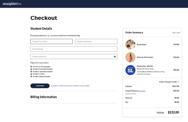 StraighterLine checkout page showing StraighterLine promo code box | Screenshot taken by SimplyCodes community member on Jul 14, 2025