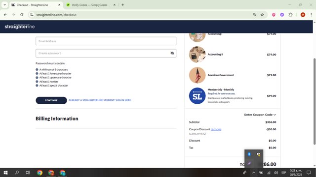 StraighterLine checkout page showing StraighterLine promo code box | Screenshot taken by SimplyCodes community member on Aug 28, 2025