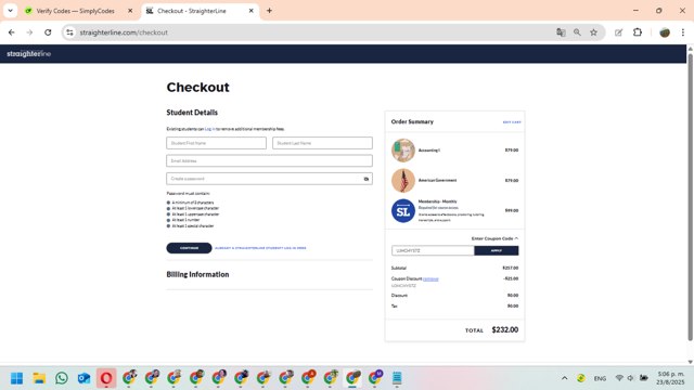 StraighterLine checkout page showing StraighterLine promo code box | Screenshot taken by SimplyCodes community member on Aug 23, 2025