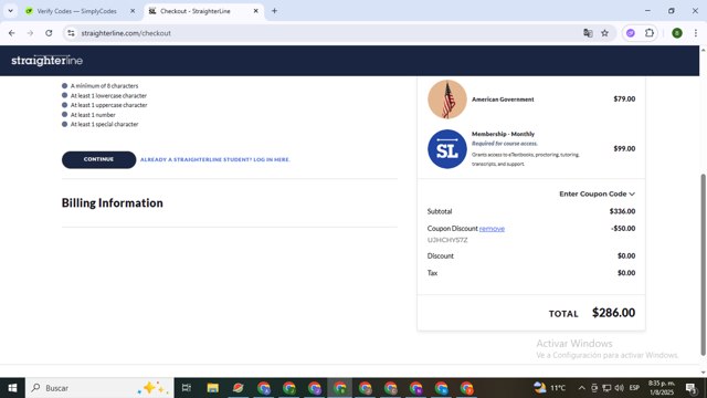 StraighterLine checkout page showing StraighterLine promo code box | Screenshot taken by SimplyCodes community member on Aug 2, 2025