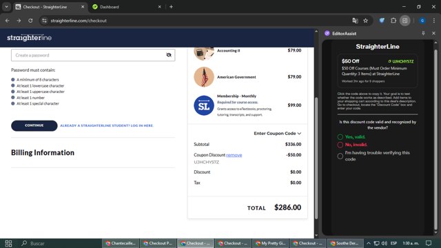 StraighterLine checkout page showing StraighterLine promo code box | Screenshot taken by SimplyCodes community member on Aug 2, 2025