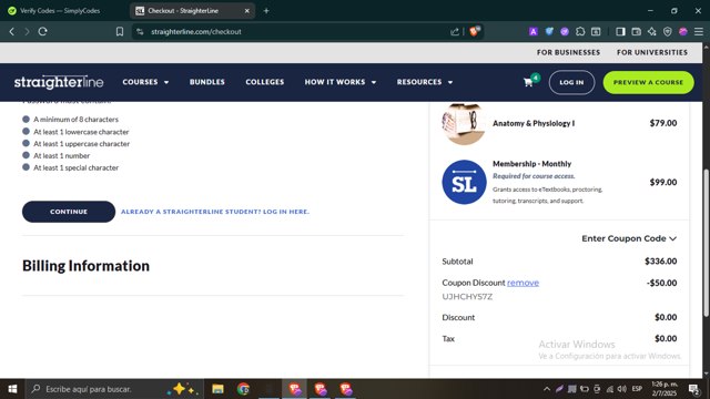 StraighterLine checkout page showing StraighterLine promo code box | Screenshot taken by SimplyCodes community member on Jul 2, 2025