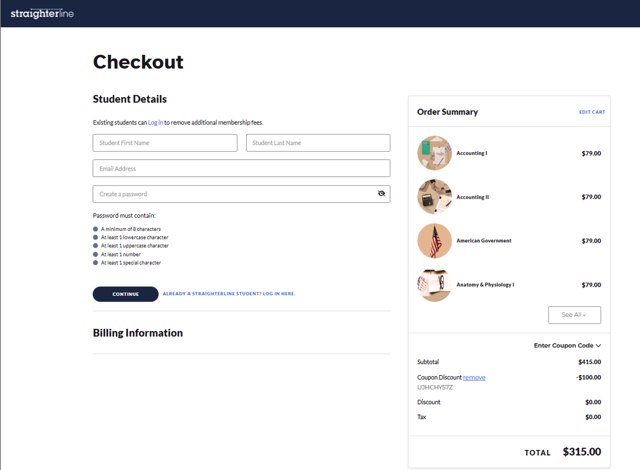 StraighterLine checkout page showing StraighterLine promo code box | Screenshot taken by SimplyCodes community member on Aug 28, 2025