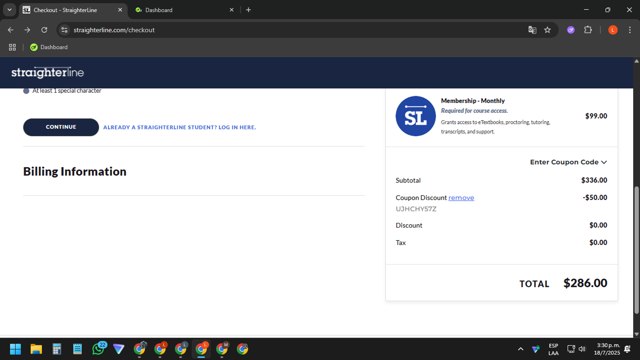 StraighterLine checkout page showing StraighterLine promo code box | Screenshot taken by SimplyCodes community member on Jul 18, 2025