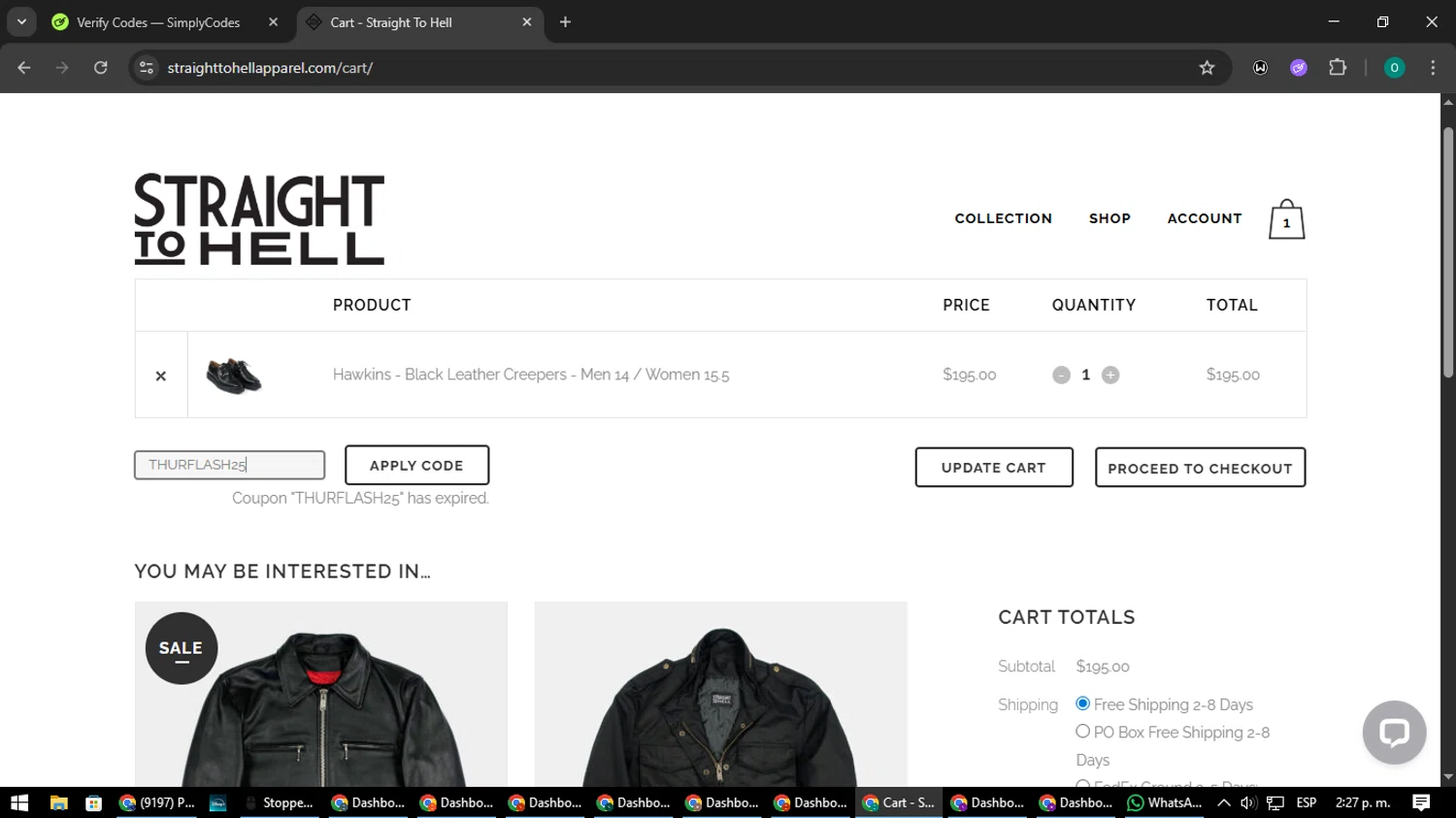 Straight To Hell coupon code screenshot showing code THURFLASH25 applied at Straight To Hell checkout page. Uploaded by SimplyCodes community member LuckyDefender9428 on Aug 5, 2025