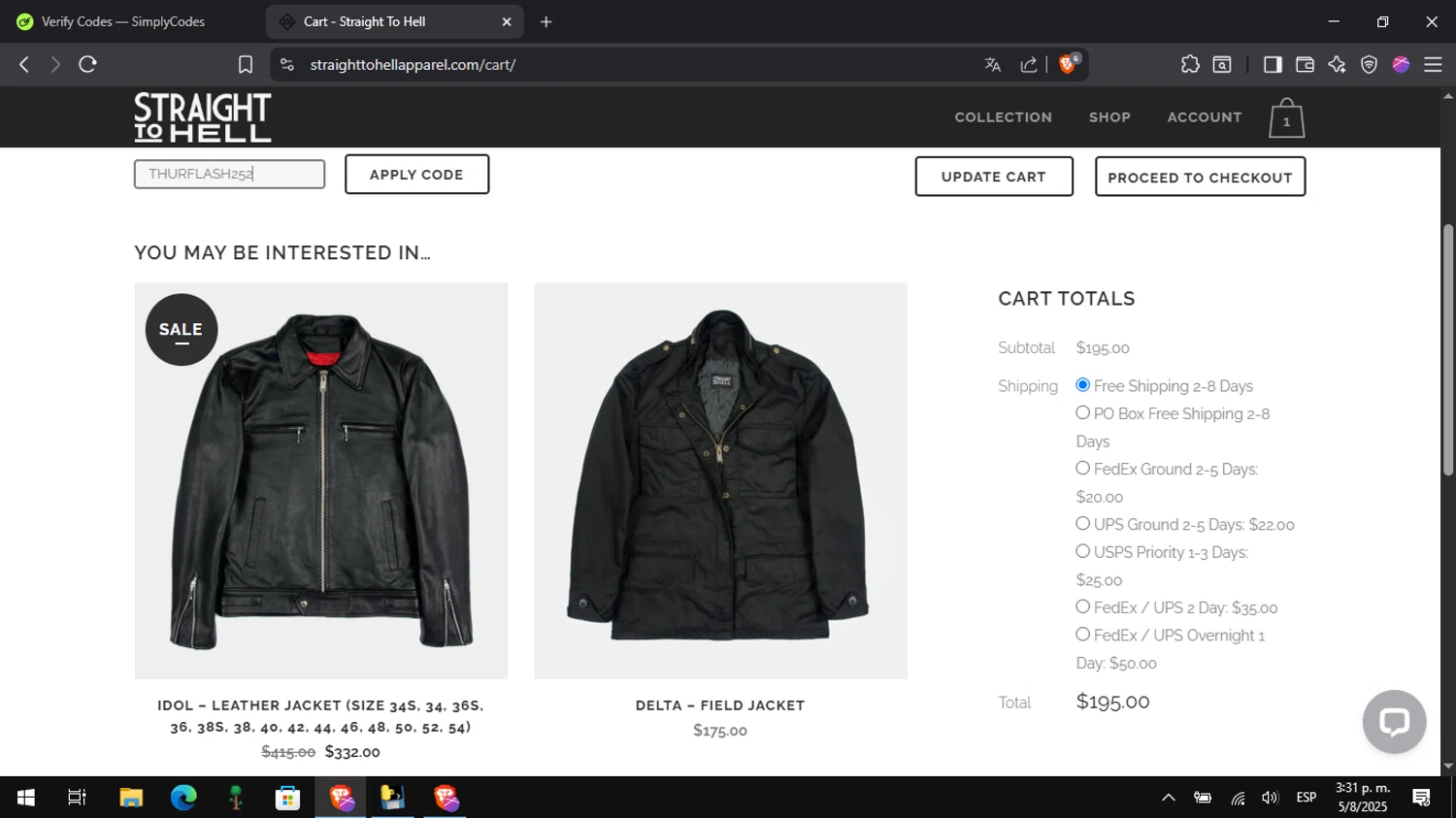 Straight To Hell coupon code screenshot showing code THURFLASH25 applied at Straight To Hell checkout page. Uploaded by SimplyCodes community member Pitochu on Aug 5, 2025