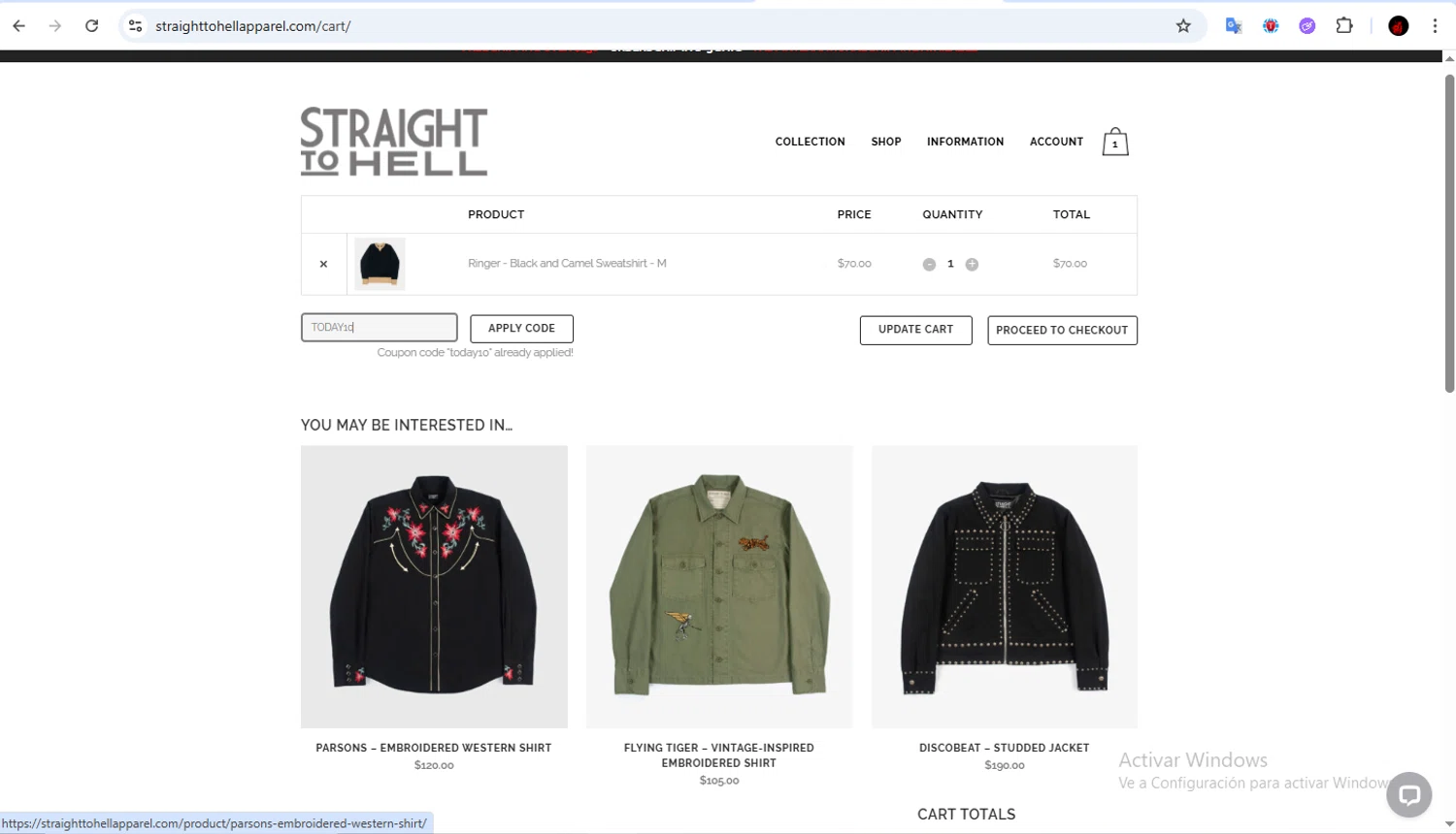 Straight To Hell coupon code screenshot showing code TODAY10 applied at Straight To Hell checkout page. Uploaded by SimplyCodes community member Francisco01 on Jan 15, 2026