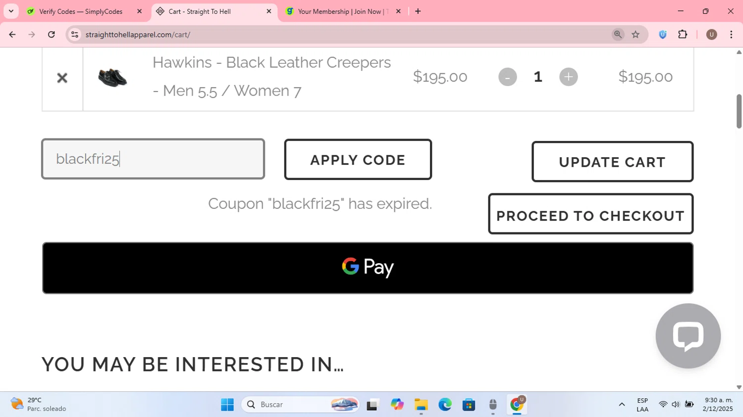 Straight To Hell coupon code screenshot showing code blackfri25 applied at Straight To Hell checkout page. Uploaded by SimplyCodes community member MightyPilot3700 on Dec 2, 2025